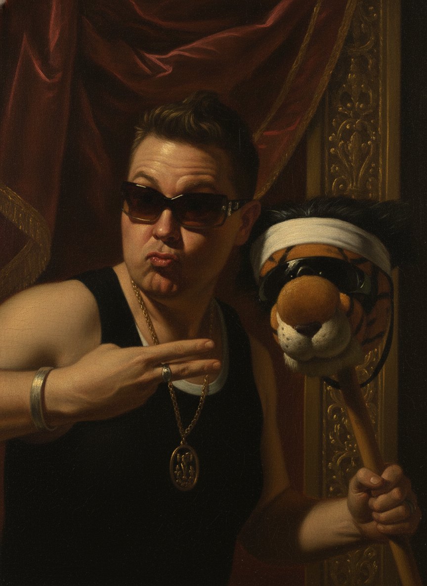 Ryan Michaels – multidisciplinary artist. The artist, photographed in natural light. The Tiger, present.
